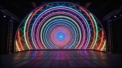 Poster - Vibrant circular light installation creates an immersive experience in a spacious venue, showcasing modern design and colorful illumination.