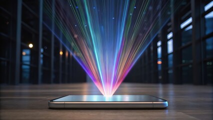 Poster - A smartphone emits colorful light beams, creating a vibrant visual effect in a dimly lit environment.