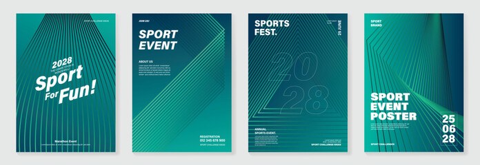 Poster - Sport line poster background vector set. Minimalist cover template with green perspective line wave in motion. Ideal design for social media, cover, banner, flyer, ads. 