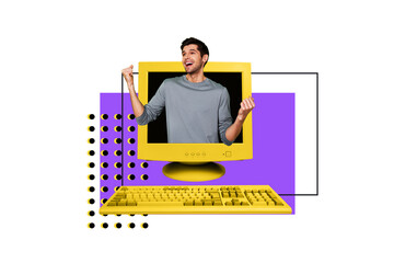 Aufkleber - Sketch image artwork composite 3D collage of obsolete computer monitor young man appear type keypad website data coding freelancer server