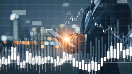 Poster - Businessman analyzes financial data on a tablet overlaid with stock market charts and bokeh lights.