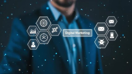 Poster - Man's hand interacts with a digital interface displaying marketing icons and a bright connection.