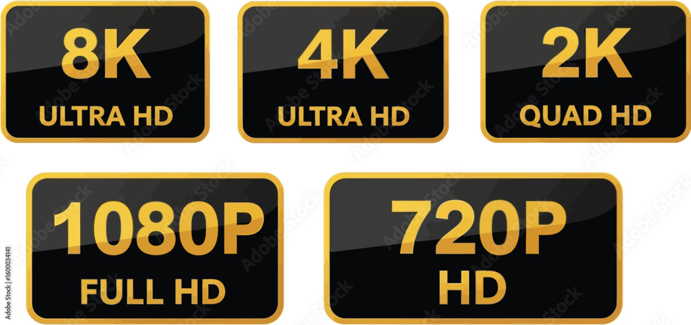 Collection of HD resolution labels including 8K Ultra HD, 4K Ultra HD ...