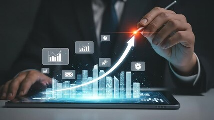 Poster - Businessman analyzes data on a digital tablet with rising arrow and city skyline illustration.