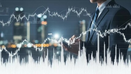 Poster - Businessman analyzes financial data on a mobile device amidst an abstract cityscape backdrop.