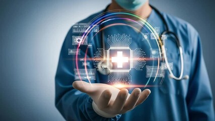 Poster - Doctor presents advanced medical technology with a holographic interface and digital health data.