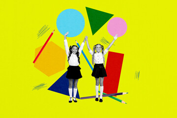 Poster - Full 3d sketch image collage of happy schoolgirls classmates stand colorful pencil art subject preparation back to school