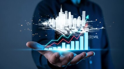 Poster - Holding a futuristic cityscape with rising graph lines symbolizing growth and investment success.