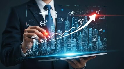 Poster - Businessman analyzing financial growth trends with a digital display and upward arrow.