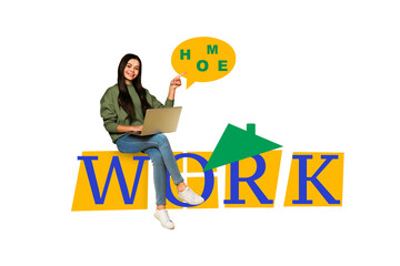 Poster - Creative composite sketch design artwork collage of young lady sit work banner hold laptop finger show direction remote career freelancer