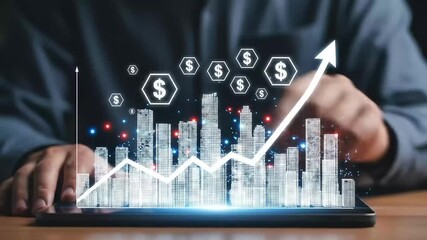 Poster - Financial growth is projected on a screen with an upward trending line and dollar signs.