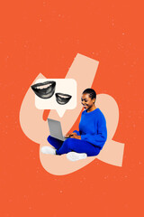 Aufkleber - Composite sketch image design artwork collage of young lady sit down type laptop mouth lips news rumors comic cloud bubble text comment