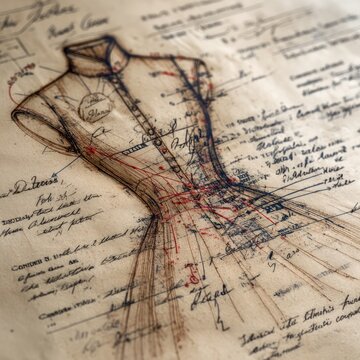 Vintage Dress Sewing Pattern Print with Seam Lines and Annotations