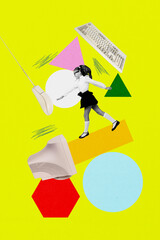 Poster - Sketch image 3d pop banner collage of happy preteen schoolgirl walk pc monitor keypad mouse desktop distance e-learning concept