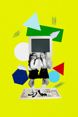 Poster - Composite zine art pop trend collage of two happy classmates girls stand keypad pc monitor artificial intelligence helper bot distance