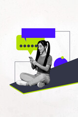 Aufkleber - Composite sketch design artwork 3D photo collage of message box speech cloud chat young woman sit down hand type smartphone social media