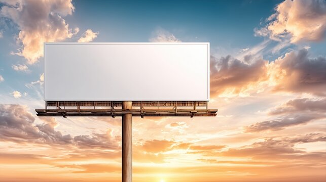 A blank billboard with a white background is set against the backdrop of an evening sky, creating an atmosphere of simplicity and clarity.