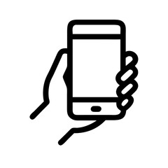 Poster - Hand holding smartphone in simple outline, depicting mobile technology usage, perfect for illustrating digital communication, app demonstration, or online browsing.