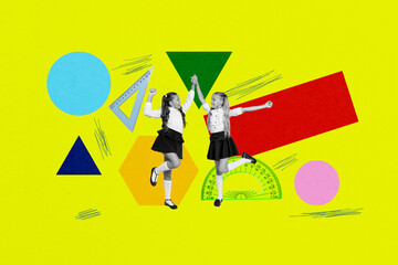Poster - Art sketch image full 3d collage of two happy classmates girls dance together ruler measure centimeter education learners