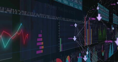 Poster - Dark dashboard appearing, animating bars, lines, arrows and panels for realtime analytics