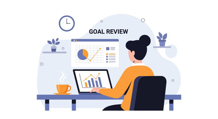 Poster - Person analyzing business data and charts on laptop during goal review with coffee