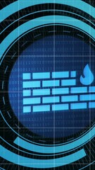 Poster - Animation of scope scanning with wall icon and graph over data processing on black background