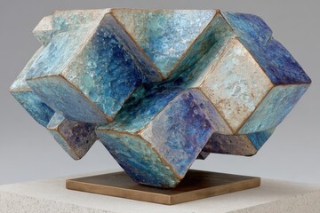 Poster - Abstract geometric sculpture with a mesmerizing blue and white color palette, showcasing intriguing forms and textures. The sculpture is set on a square base.