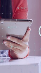 Poster - Animation of numbers and data processing over woman using tablet in shop