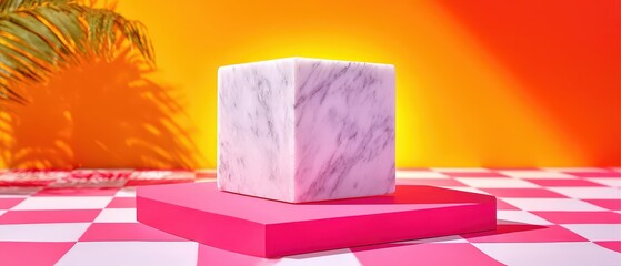 Poster - A minimalist scene featuring a marble cube on a pink platform, set against a vibrant backdrop