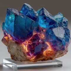 Poster - Glowing crystal formation illuminated with internal light. The vibrant colors showcase a mineral specimen on a display. 