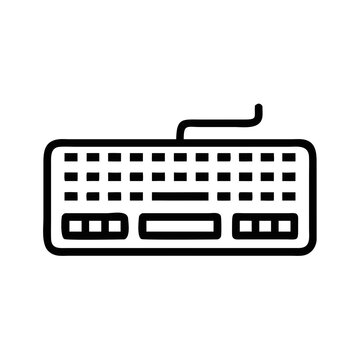A simple black and white outline icon of a computer keyboard with a wire