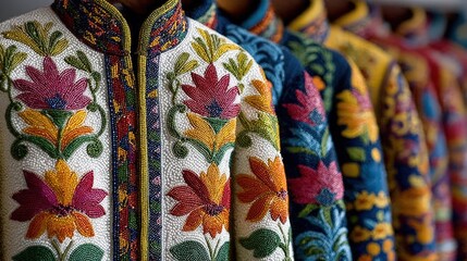 Poster - A row of vibrantly embroidered jackets, showcasing intricate designs and rich colors. The jackets are arranged in a line, revealing their ornate details