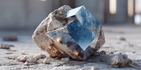 Poster - A unique and reflective cube-shaped structure resting on a stone