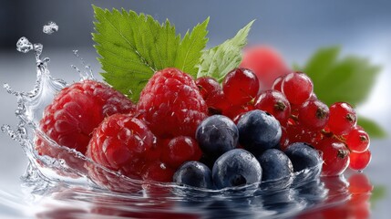 Aufkleber - Fresh mixed berries including raspberries blueberries and red currants with green leaves and water splash on a reflective surface