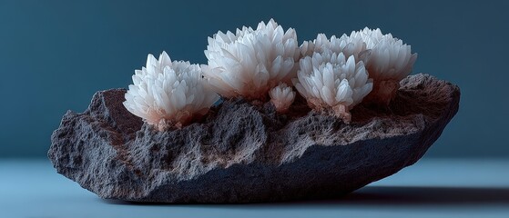 Poster - Close-up shot of a cluster of white crystals growing on a dark stone against blue background, showcasing geological beauty 