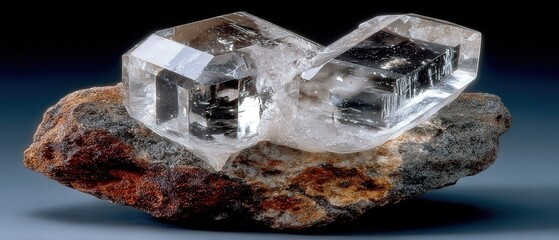 Poster - A cluster of clear crystals resting on a rough, mineral-rich rock. The crystals have sharp, geometric edges and reflect light, suggesting a natural formation