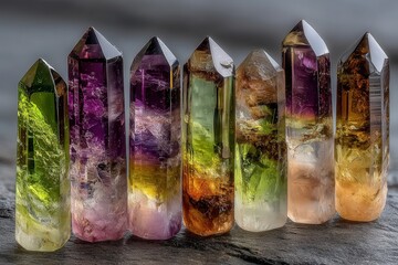 Poster - Vibrant gemstones arranged in a row. These crystals, each a unique hue, are beautifully illuminated, creating a captivating display