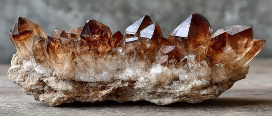 Poster - A detailed, close-up image of a citrine crystal formation on a rough, textured surface. The crystals display a warm, golden-brown hue, with a unique, natural arrangement 