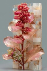 Poster - Elegant floral display with a unique geometric structure. Delicate pink flowers and leaves complement the structured backdrop