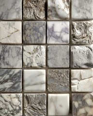 Poster - Elegant and unique marble tiles arranged in a geometric pattern, revealing various colors and textures, showcasing the natural beauty and artistry of stone work.