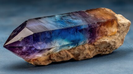 Poster - A stunning macro shot of a colorful crystal specimen on a textured stone. The crystal is vibrant with deep hues