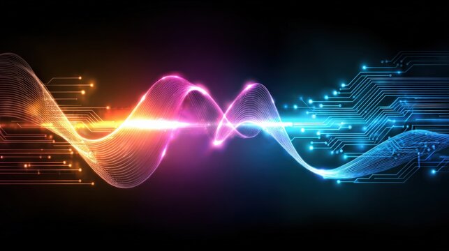 Vibrant colorful abstract digital wave with light streaks and circuitry representing technology innovation and digital communication