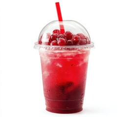 Aufkleber - Refreshing Red Fruit Slush Drink in Clear Plastic Cup with Dome Lid and Straw Isolated on White Background Perfect for Summer Beverages and Cold Refreshments