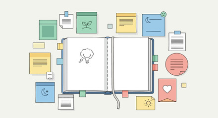 Poster - Open notebook surrounded by colorful notes and icons representing ideas, tasks, and goals