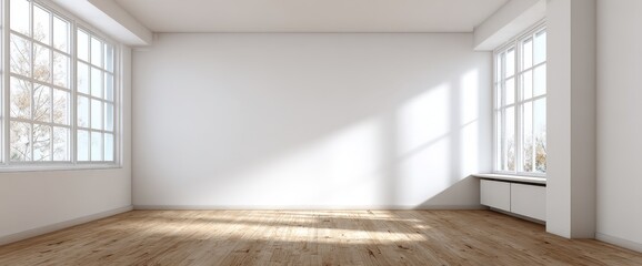 Poster - An empty room with natural light streaming through the windows, evoking a sense of space and potential. Wooden floor adds warmth to the bright interior.