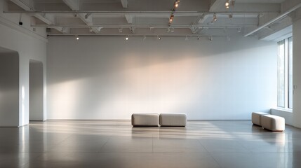 Poster - An empty modern art gallery with clean lines, natural light and polished floors, showcasing a minimalist space