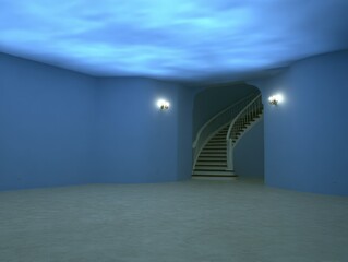 Poster - An empty room with blue walls, a staircase and sconces with the look of the sky
