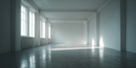 Poster - An empty sunlit room with large windows, reflecting light and shadow