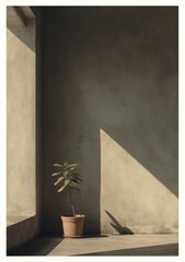 Poster - A minimalist indoor scene featuring a potted plant bathed in natural light creating dramatic shadows on the walls