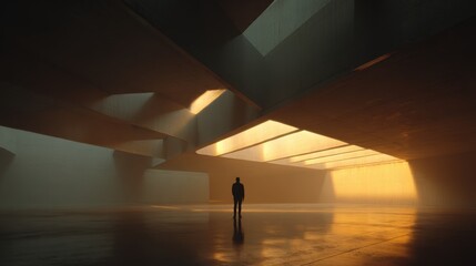 Poster - A person stands alone inside a grand, minimalist architecture. Sunlight pours through openings, casting shadows and highlighting the texture of the walls.